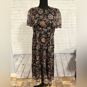 ZARA Floral Lace Midi Dress Scalloped Hem Round Neck, Multicolored, Large
